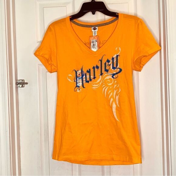 Harley Davidson Orange Tribe V Neck Tee Size Small - Picture 1 of 10
